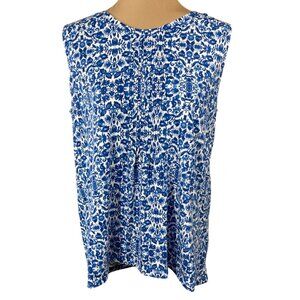 Lands End Women's Tank Top Size L Large Blue White Floral Pleated Cotton Blend